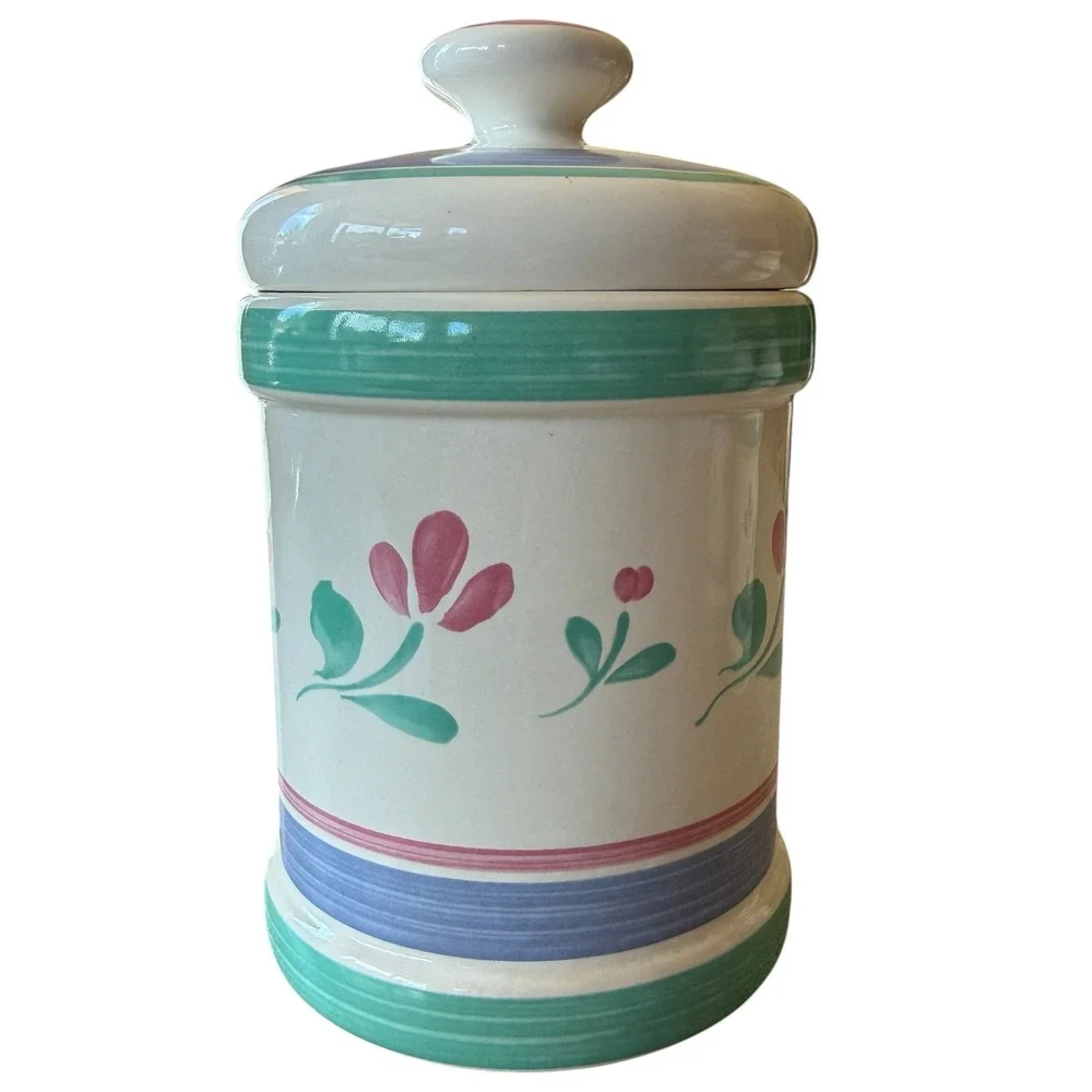 Vintage Japan Ceramic Kitchen Canister Pink Blue Green Floral Hand Painted 7